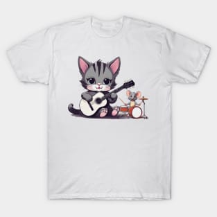 cute kitten playing the guitar with a cute little mouse playing the drum T-Shirt